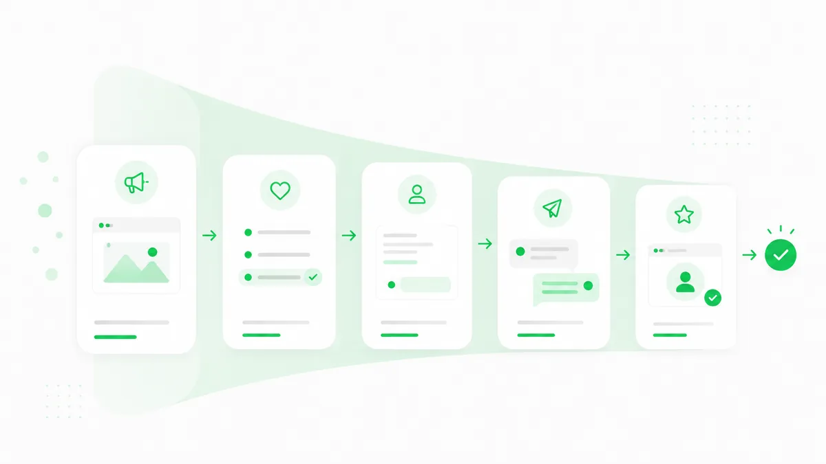 Embudo de ventas en forma de cono con niveles de color en degradado y una marca de verificación al final