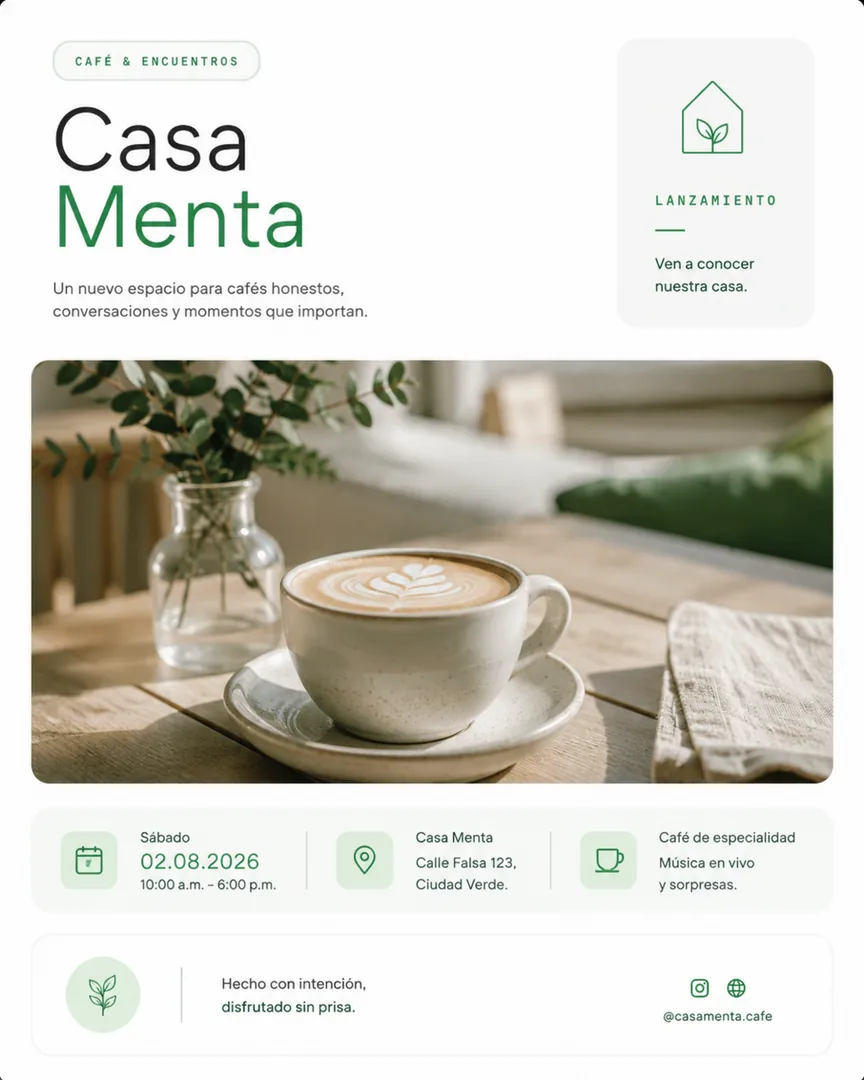 Flyer de lanzamiento de Casa Menta con foto de un café con leche y los datos del evento