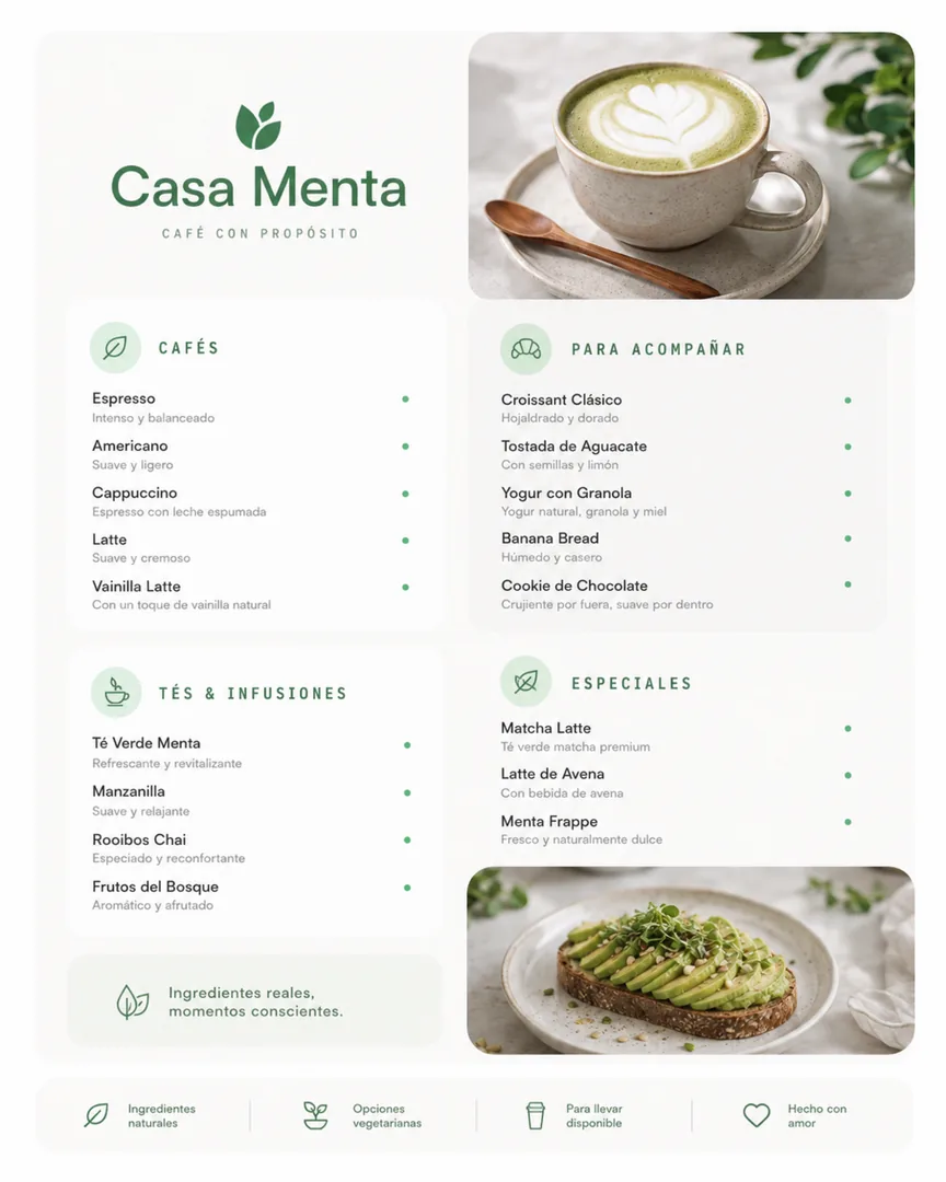Menú de Casa Menta con columnas de cafés, acompañamientos, tés e infusiones y especiales