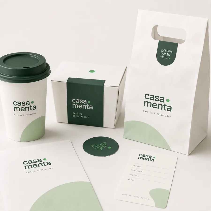 Mockup de empaques de Casa Menta: vaso, caja, bolsa de papel y etiquetas con el logotipo de la marca