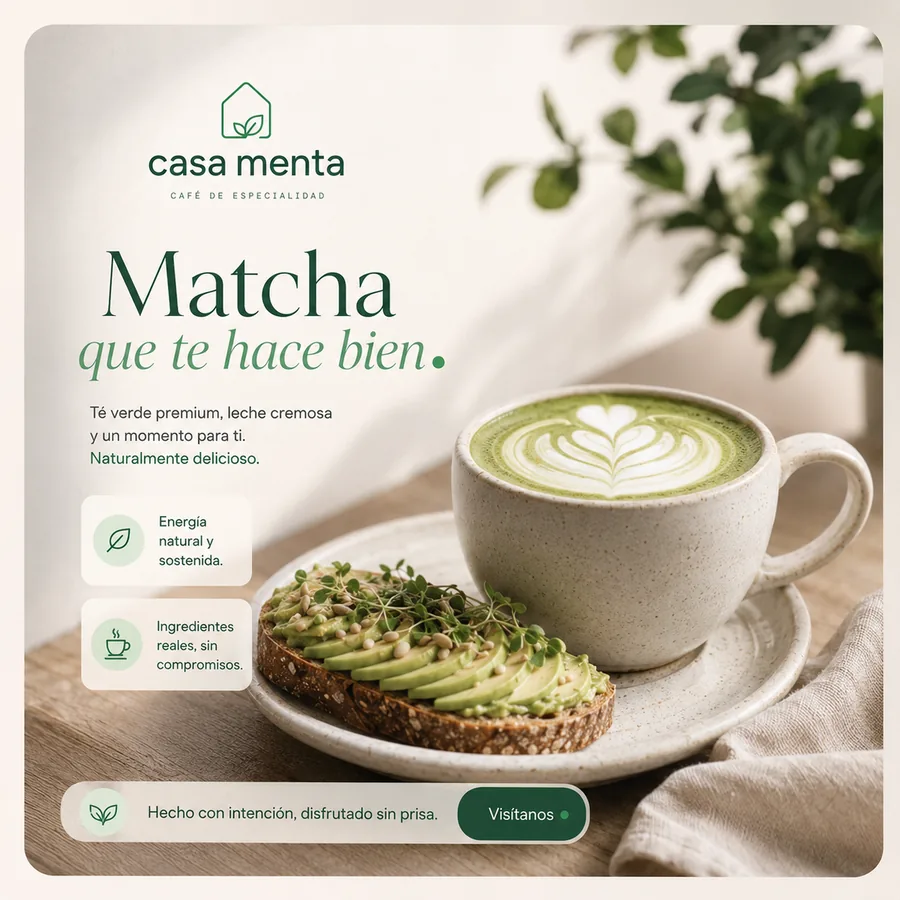Publicación de Instagram de Casa Menta con un latte de matcha con arte en forma de corazón y un pan tostado con aguacate, junto al titular 'Matcha que te hace bien' y dos tarjetas de beneficios destacados