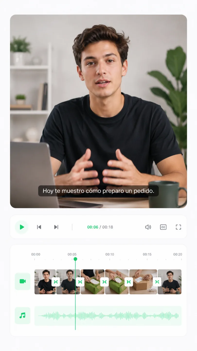 Interfaz de edición de video con subtítulos, línea de tiempo y clips en una edición básica
