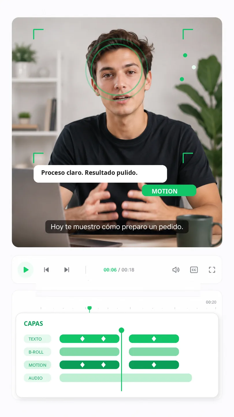 Interfaz de edición de video completa con seguimiento de movimiento, texto animado y múltiples capas en la línea de tiempo