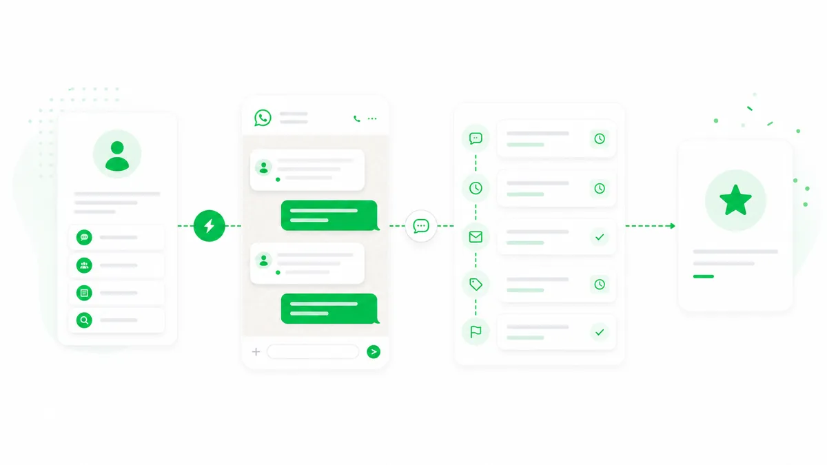 Chat de WhatsApp conectado mediante flechas a un flujo de etapas de seguimiento