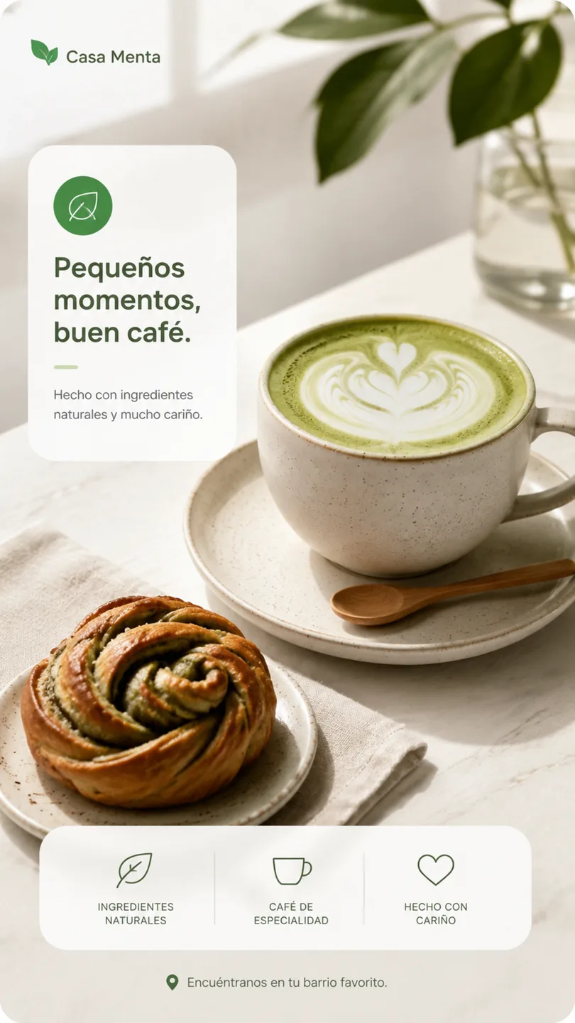 Publicación de Casa Menta con un latte de matcha, un pan de canela y la frase 'Pequeños momentos, buen café'