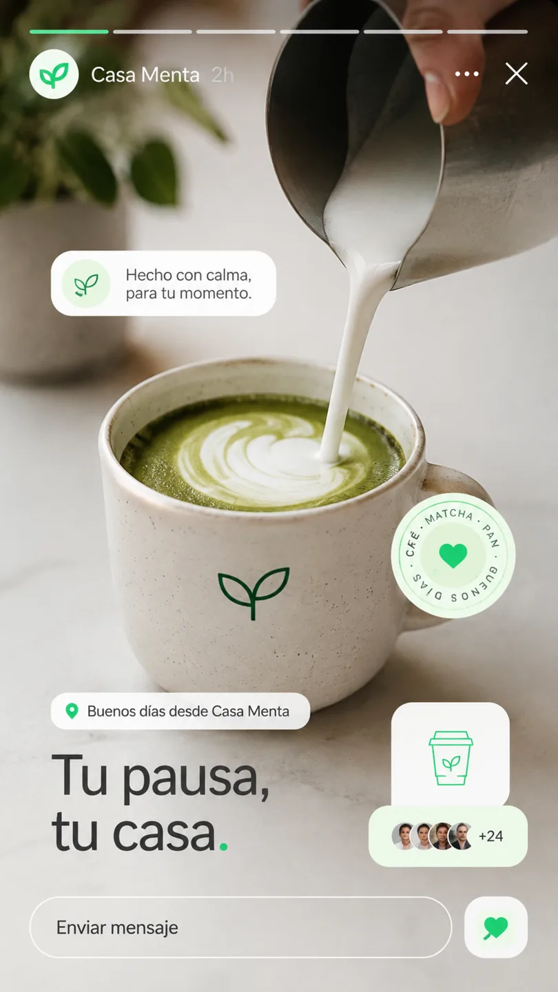 Story de Instagram de Casa Menta con un latte de matcha y el mensaje 'Tu pausa, tu casa'