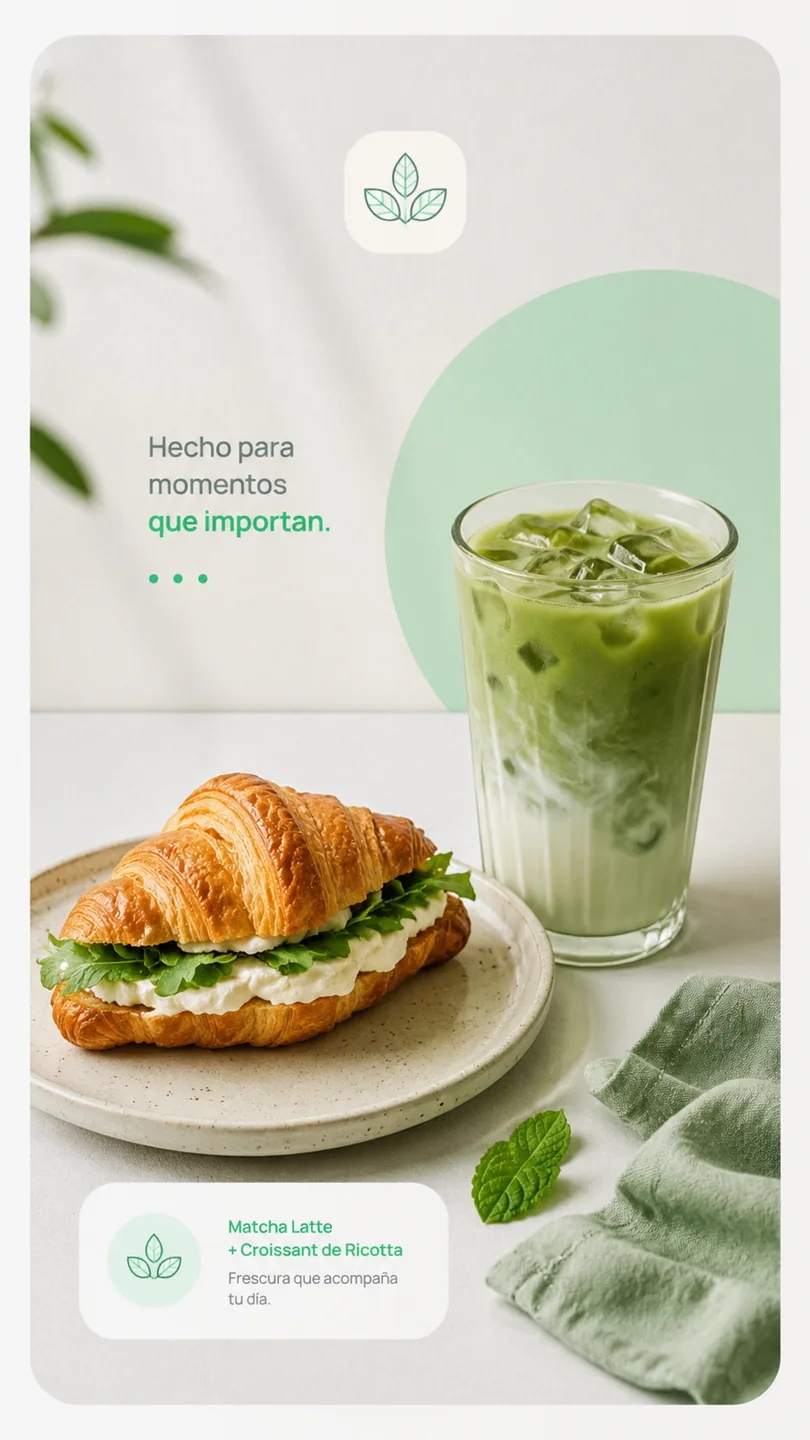 Publicación de Instagram de Casa Menta con un matcha helado y un sándwich de croissant, junto a la frase 'Hecho para momentos que importan'
