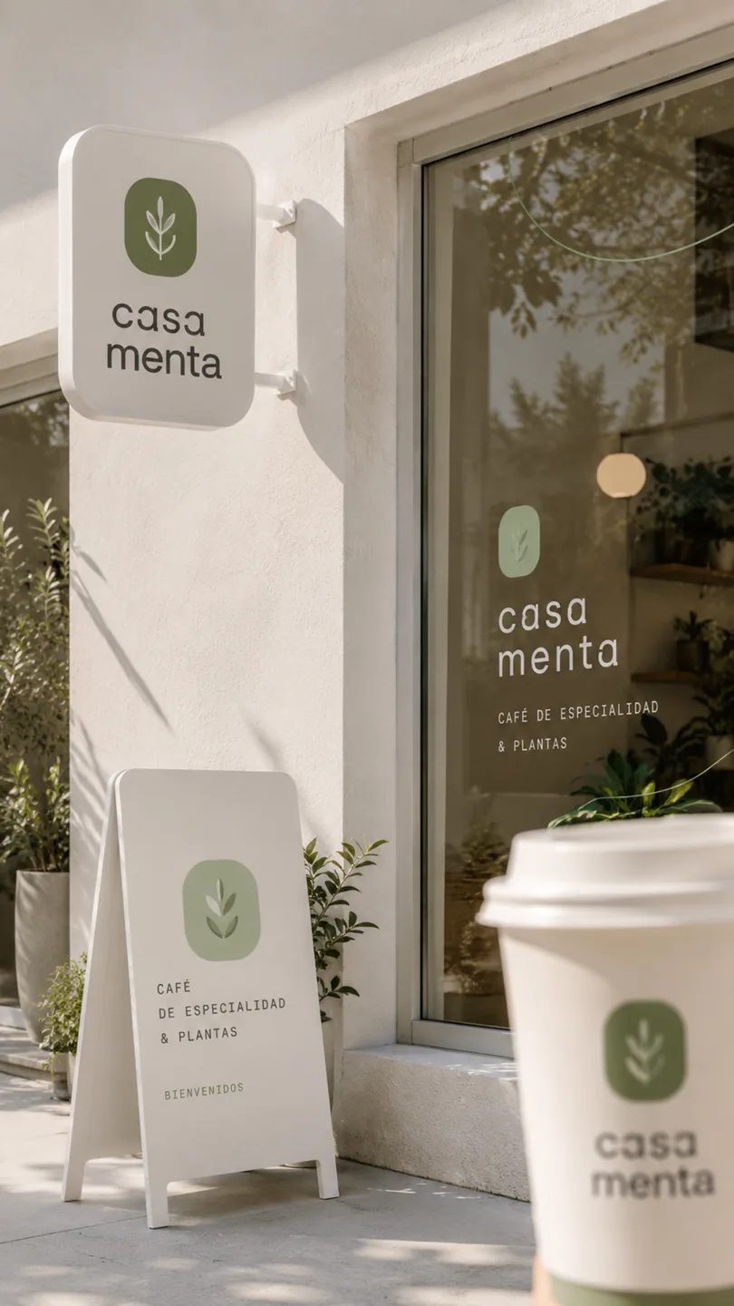 Aplicación de marca de Casa Menta en el exterior de una tienda: letrero colgante, vinil en vitrina y vaso para llevar