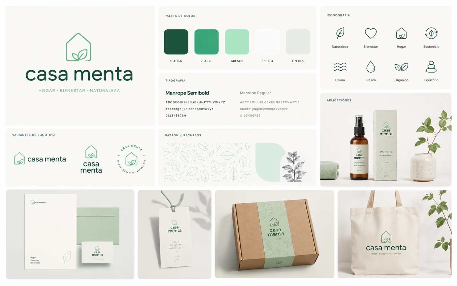 Tablero de identidad de marca de Casa Menta con logotipo, paleta de color, tipografía e iconografía