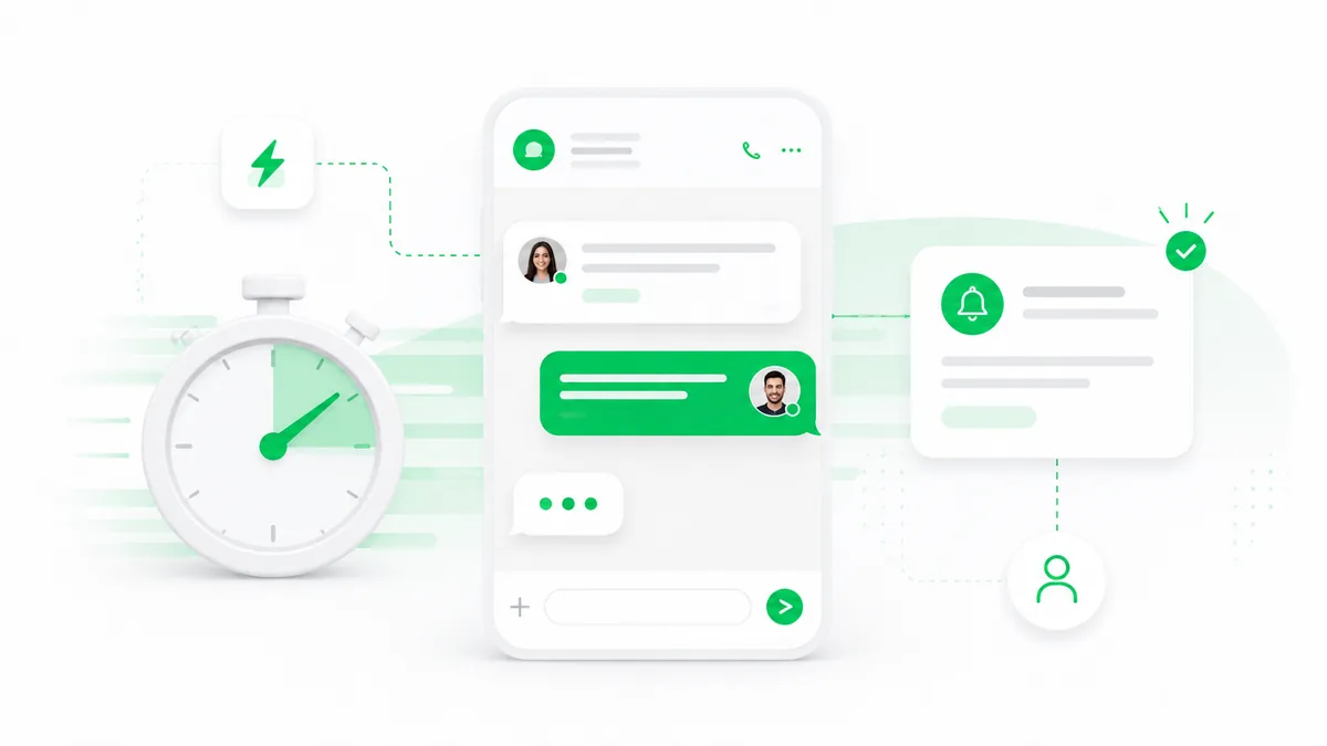 Cronómetro junto a una conversación de WhatsApp con mensajes entre un lead y un asesor